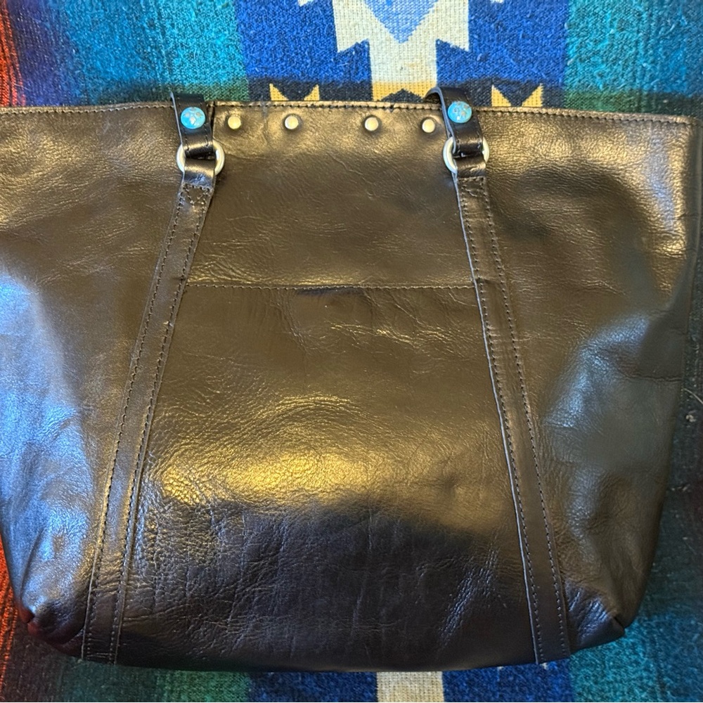 Patricia Nash Black Leather Tote Bag with Rhinestone & Turquoise Accents - Picture 2 of 12